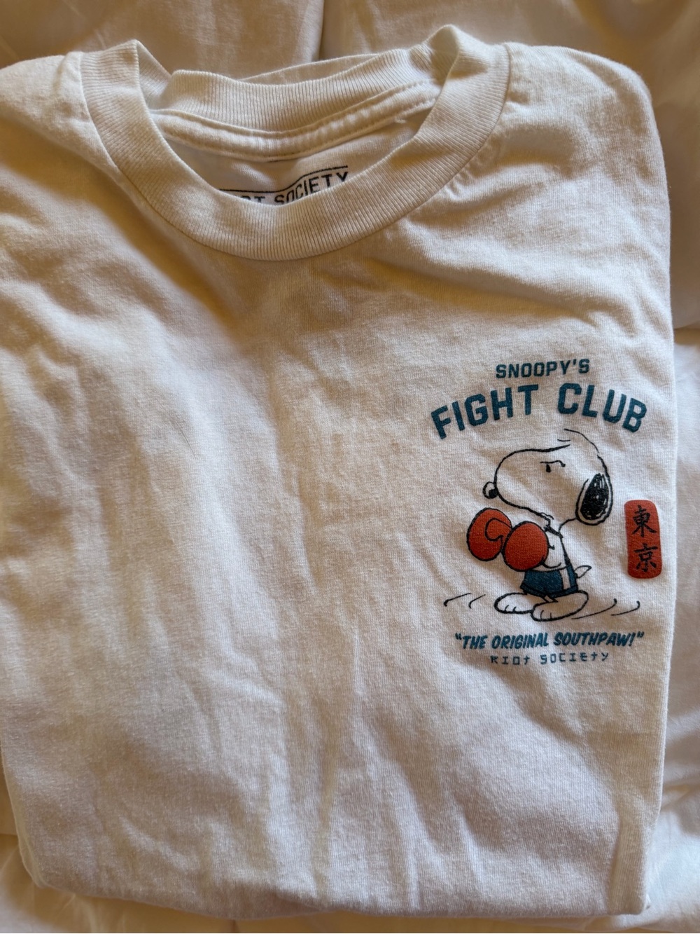 Snoopy's Fight Club Graphic Tee - White with Blue & Red Graphics. NWOT.